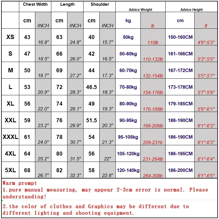 Casual Men's T-Shirt Summer Short Sleeve Size Chart