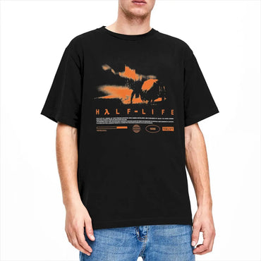 Model Wearing Men T Shirt Videogames HALFS LIFES Black