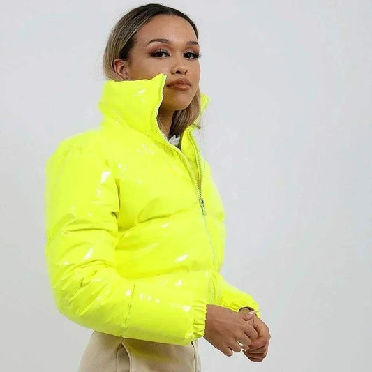 winter coats for women include Winter Women Shiny Leather Yellow Puffer Jacket