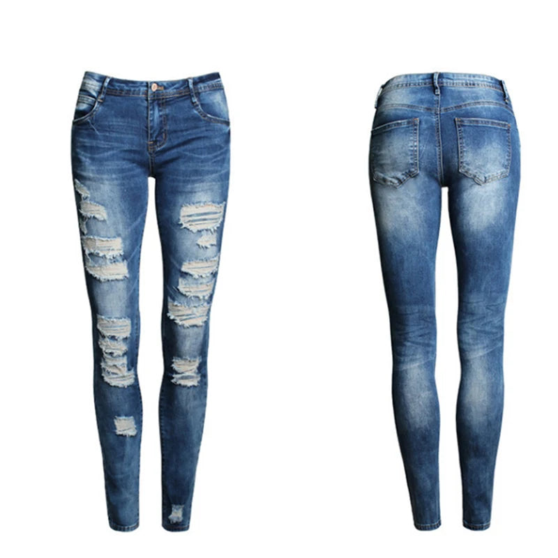 Women Jeans Blue Slim Ripped Back View