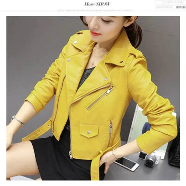 Women Punk Leather Blazer Zipper Motorycle Jacket Yellow