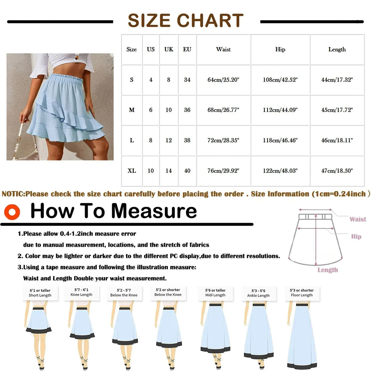 Women'S Ruffle Skirt High Waist Size Chart