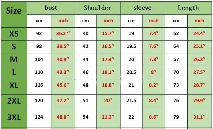 Classic Muse T Shirt Size Chart
