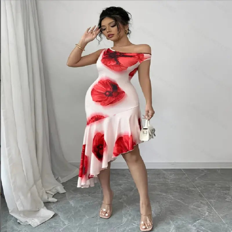 Fashionable Floral Casual Women's Dress Beige