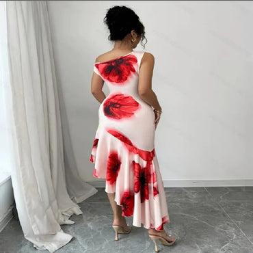 Fashionable Floral Casual Women's Dress Beige Back View