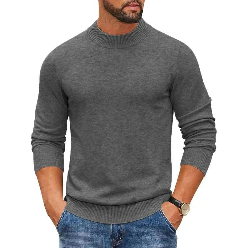 Men's Mock Turtleneck Dark Gray Ribbed Knit Pullover Sweater