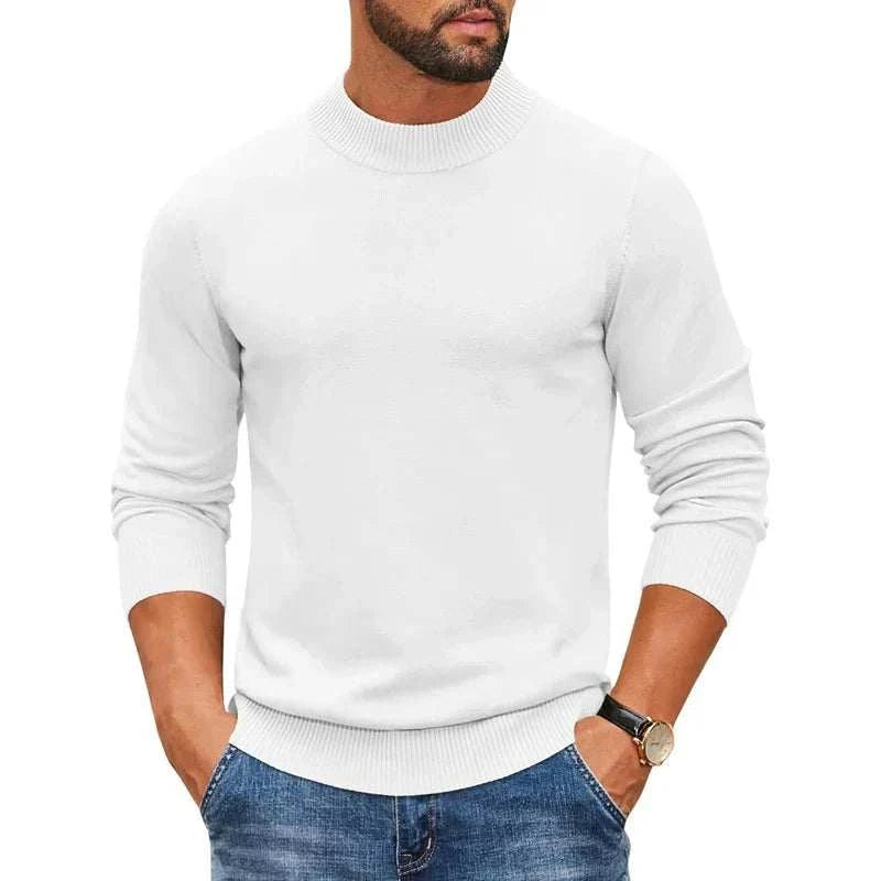 Men's Mock Turtleneck White Ribbed Knit Pullover Sweater