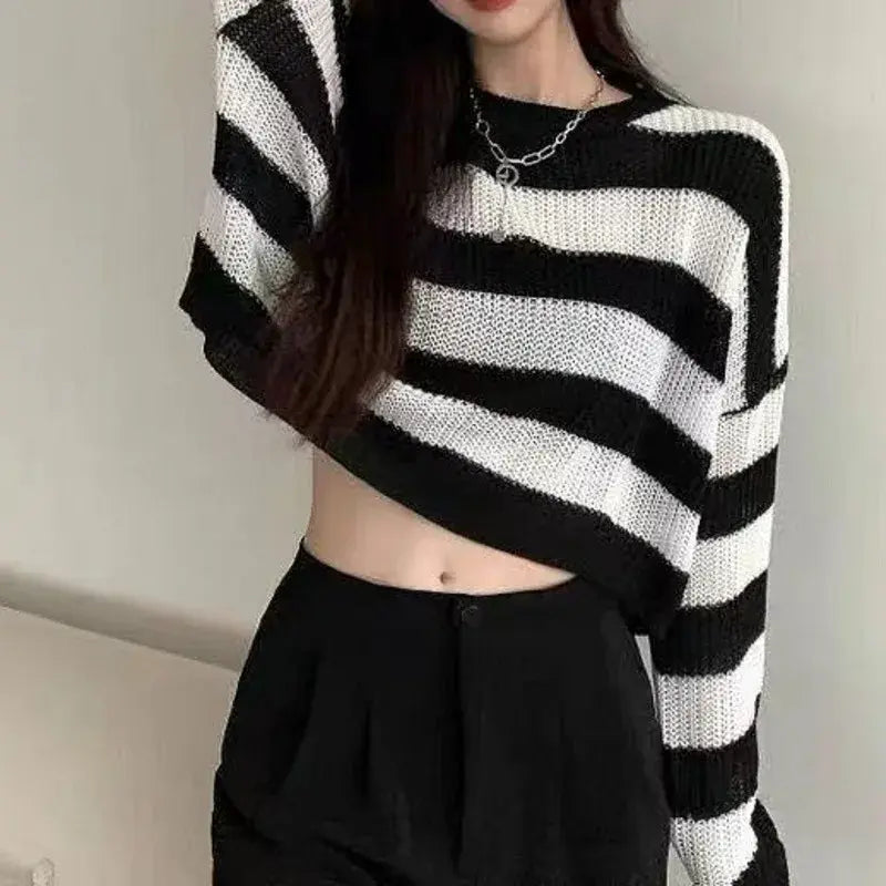 New Korean Style Striped White Cropped Sweater 