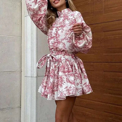 Women's Fashion Elegant Fashion Red Print Long-sleeved Lace-up High-waist Printed Dress