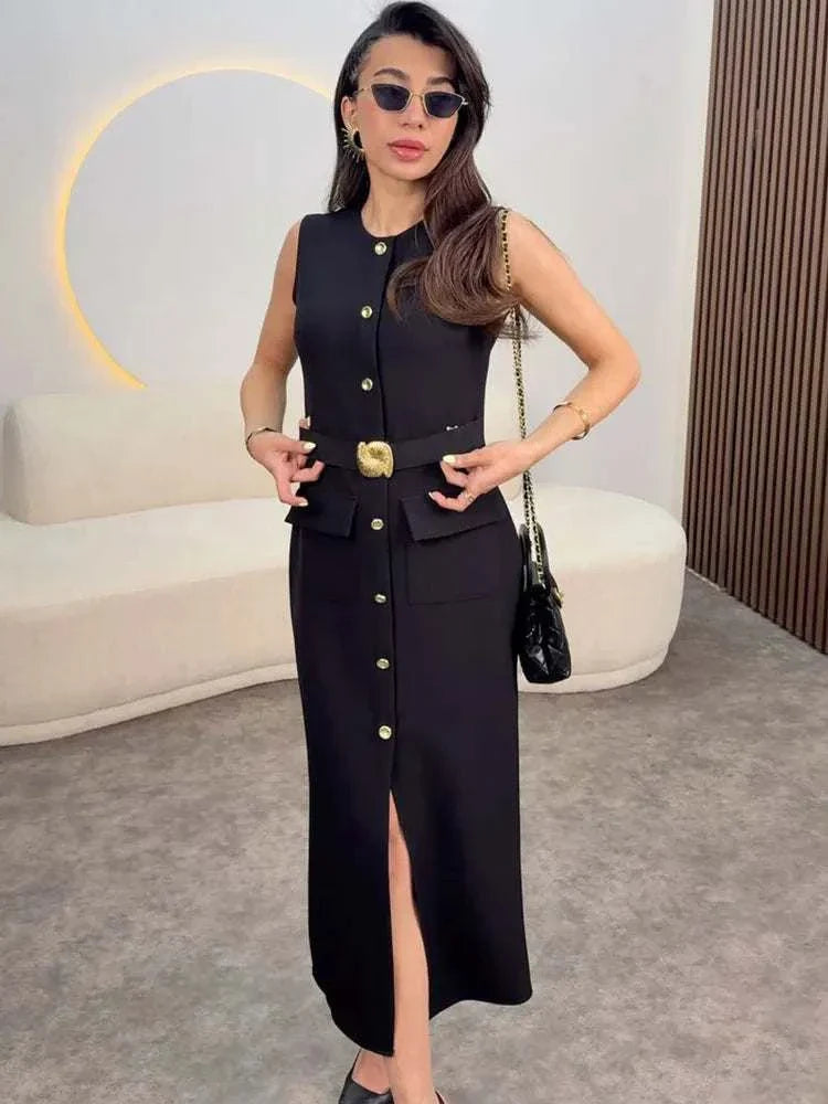 HH Women Elegant Black Dress O Neck Single