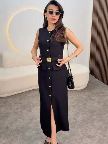 HH Women Elegant Black Dress O Neck Single