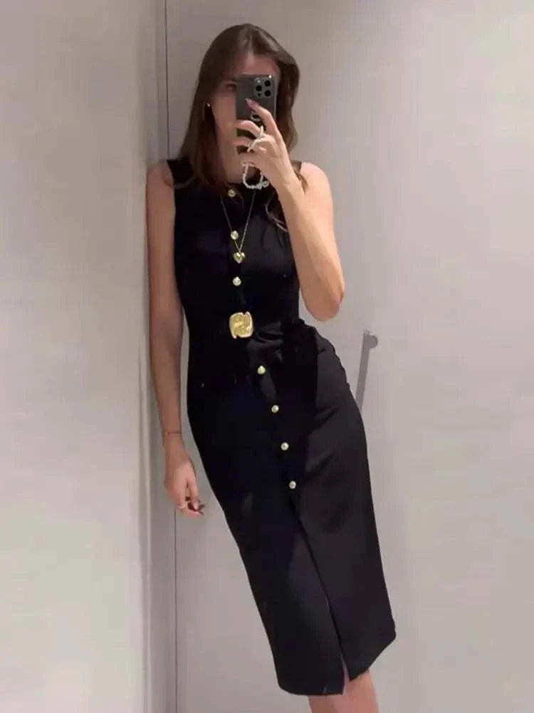 HH Women Elegant Black Dress O Neck Single