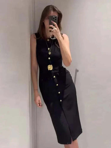 HH Women Elegant Black Dress O Neck Single