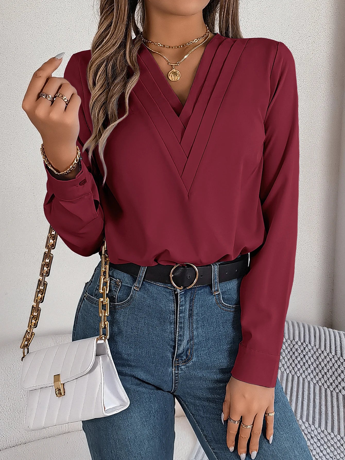Going Out Tops | Spring Summer Solid Color Triple V Neck Long Sleeve Chiffon Shirt