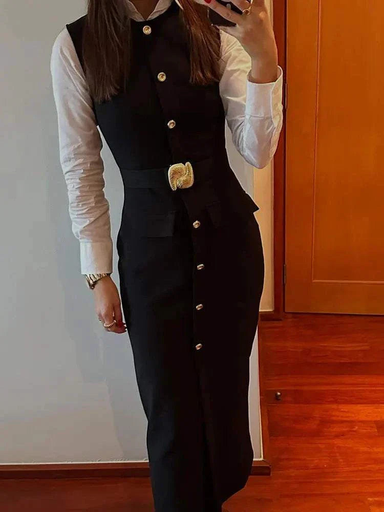 HH Women Elegant Black Dress O Neck Single