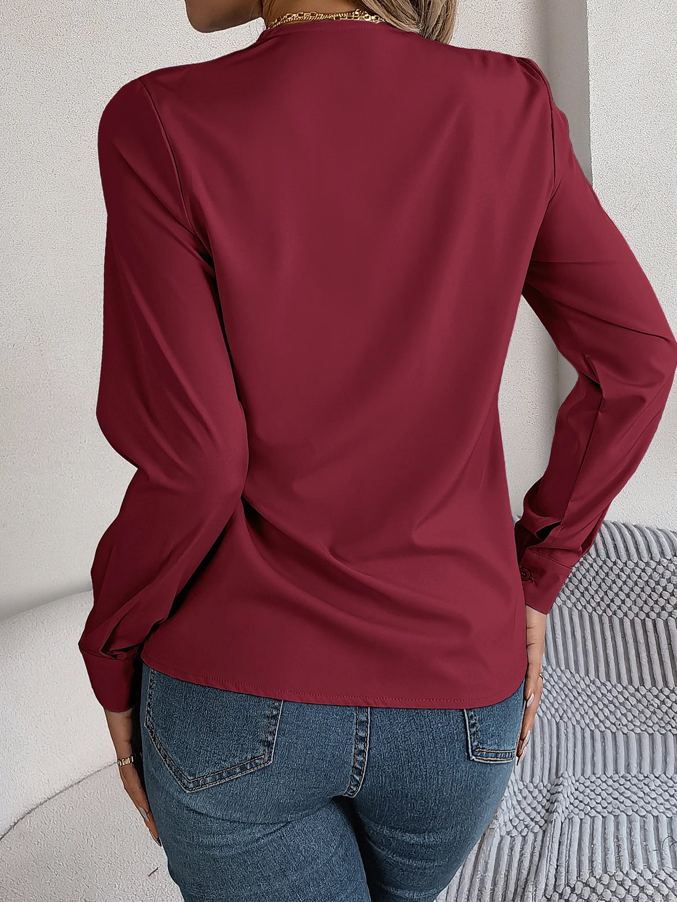 Going Out Tops | Spring Summer Solid Color Triple V Neck Long Sleeve Chiffon Shirt