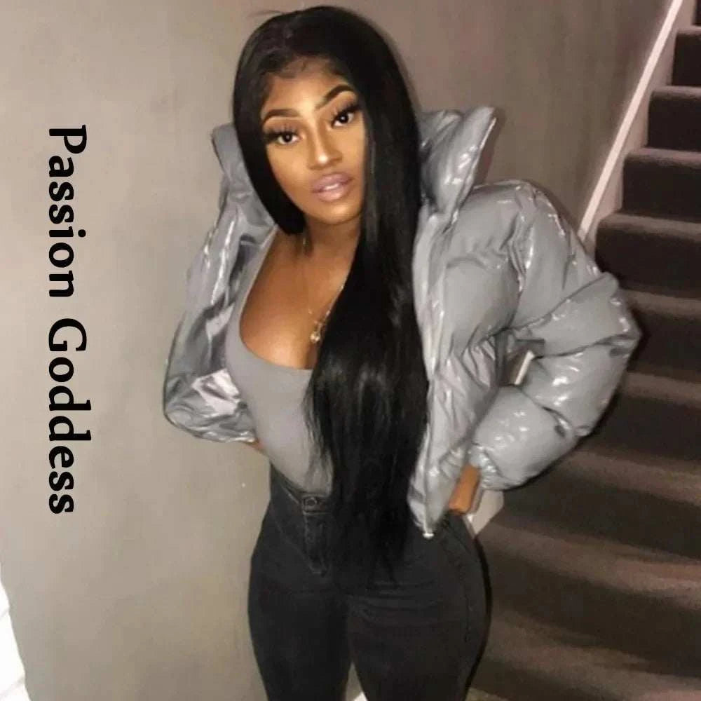 Winter Women Shiny Leather Puffer Jacket