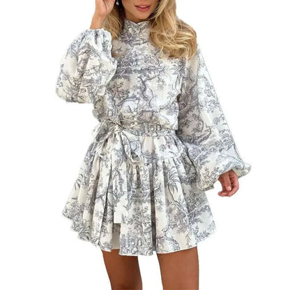Women's Fashion Elegant Fashion Gray Print Long-sleeved Lace-up High-waist Printed Dress
