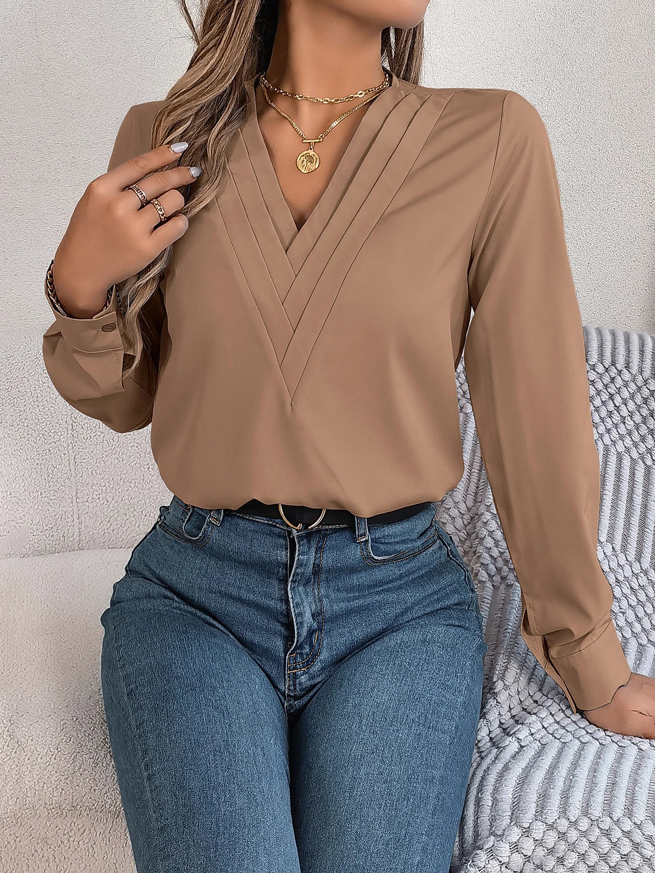 Going Out Tops | Spring Summer Solid Color Triple V Neck Long Sleeve Chiffon Shirt