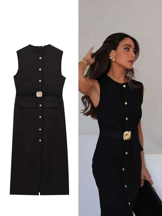 HH Women Elegant Black Dress O Neck Single