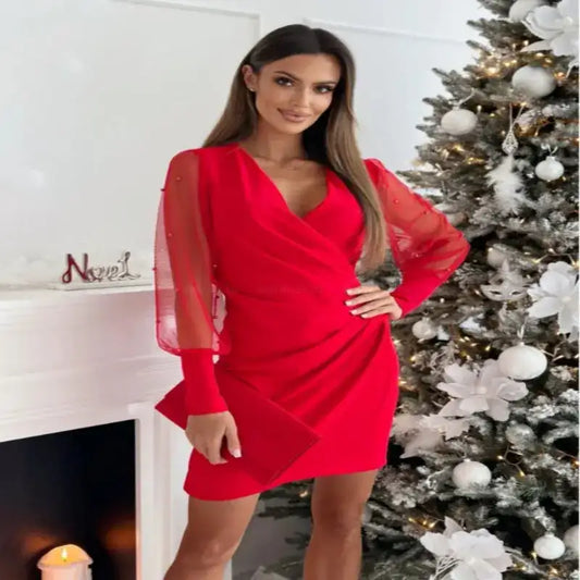 Summer Dress For Women Red New Floral Print Bat Half-Sleeve V-Neck