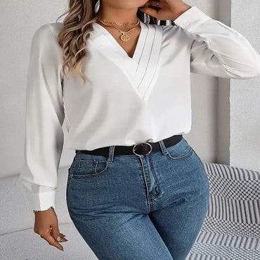 Summer Solid Triple V Neck Long Sleeve Chiffon Shirt White
