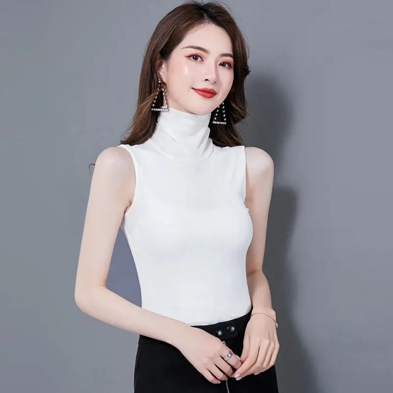  Summer Tops For Women Turtleneck Basic Sleeveless White