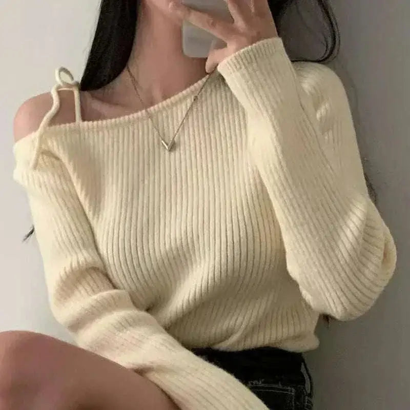 Sweater Women Red Irregular Skew Collar Long Sleeve Appricot