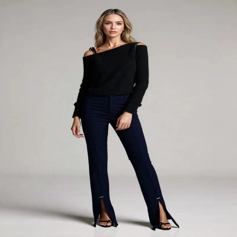 Sweater Women Black Irregular Skew Collar Long Sleeve