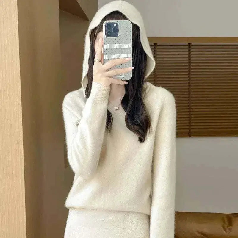 Women Autumn Winter Clothing Hooded Collar Pullover Beige