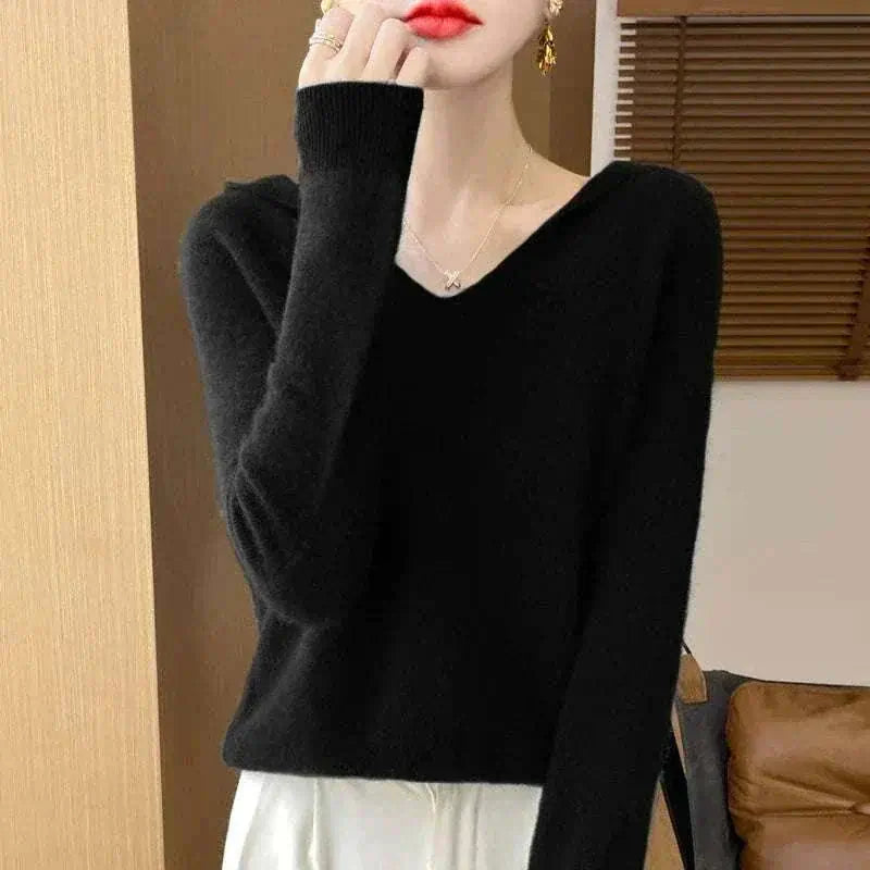 Women Autumn Winter Clothing Hooded Collar Pullover Black
