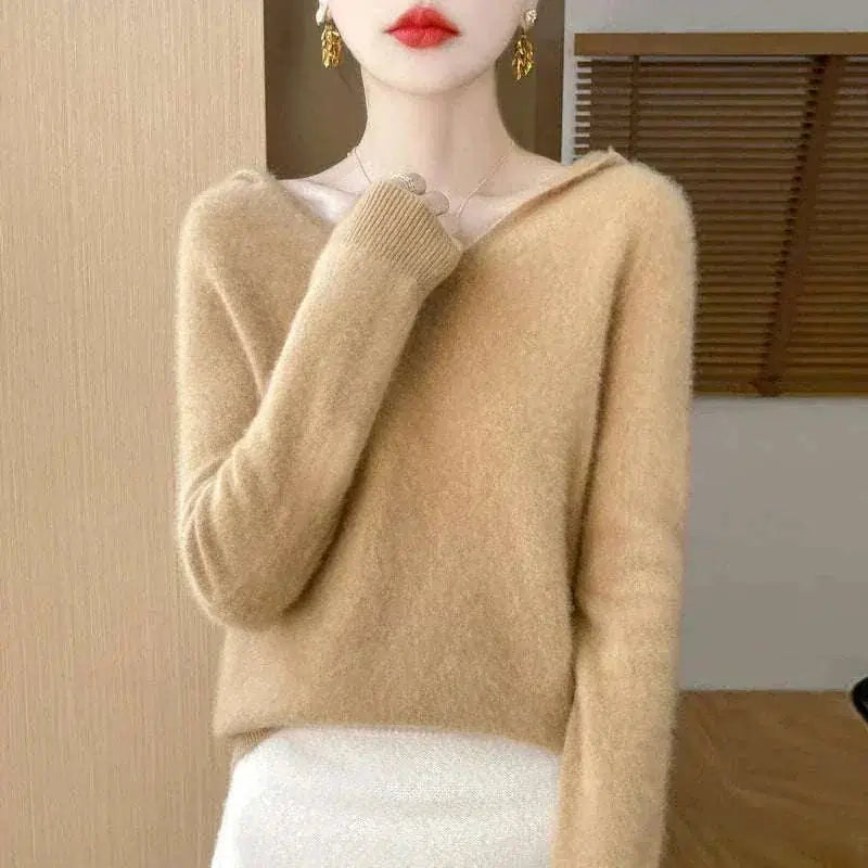 Women Autumn Winter Clothing Hooded Collar Pullover Gold Camel