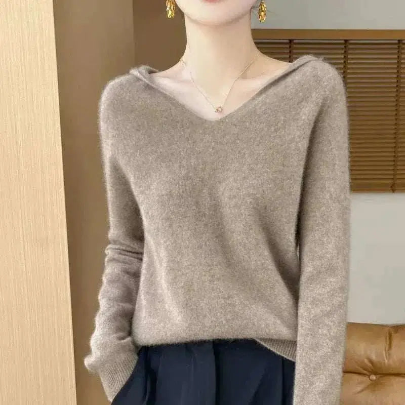 Women Autumn Winter Clothing Hooded Collar Pullover Gray