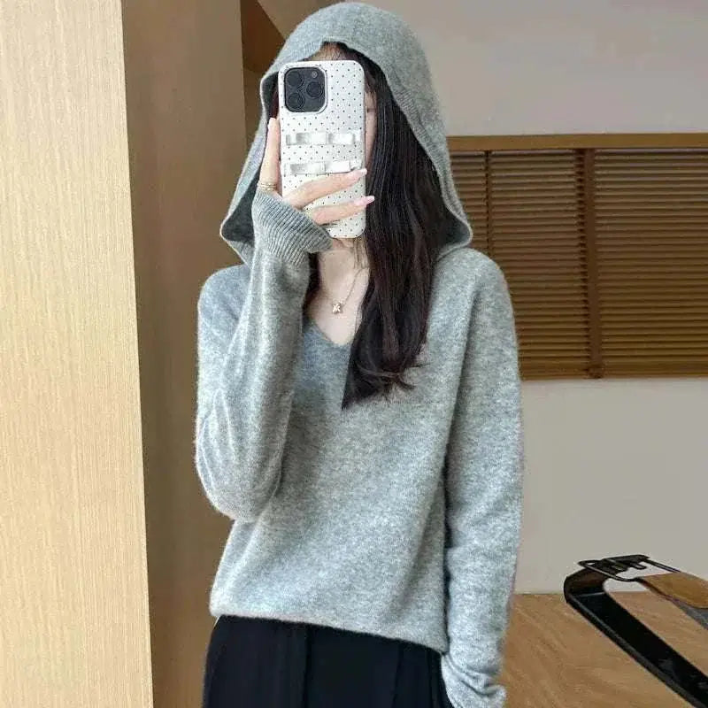 Women Autumn Winter Clothing Hooded Collar Pullover Gray