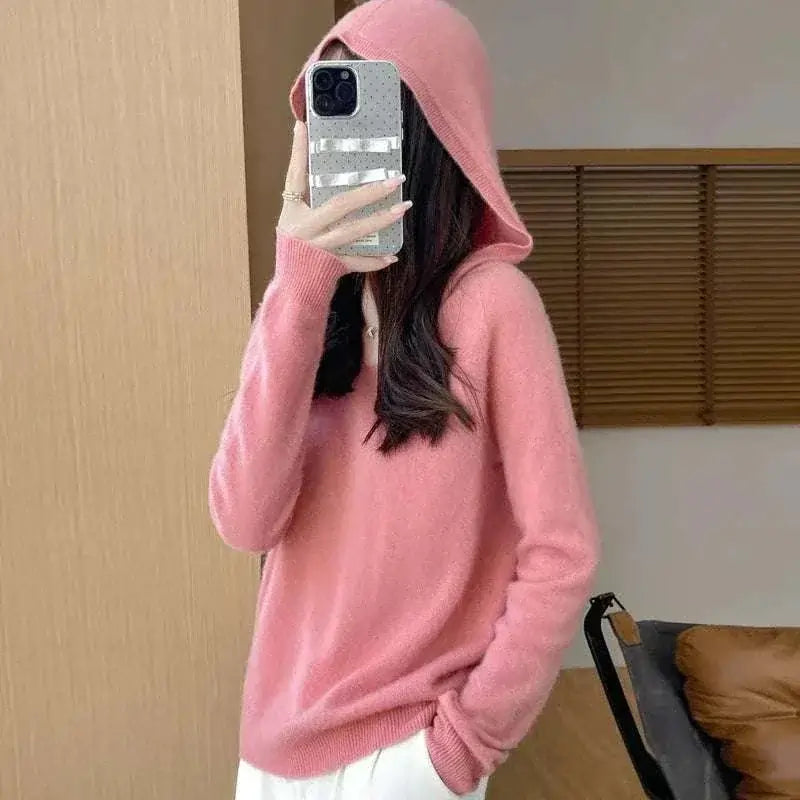 Women Autumn Winter Clothing Hooded Collar Pullover Pink