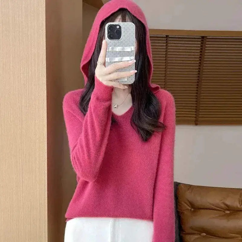 Women Autumn Winter Clothing Hooded Collar Pullover Raspberry Red