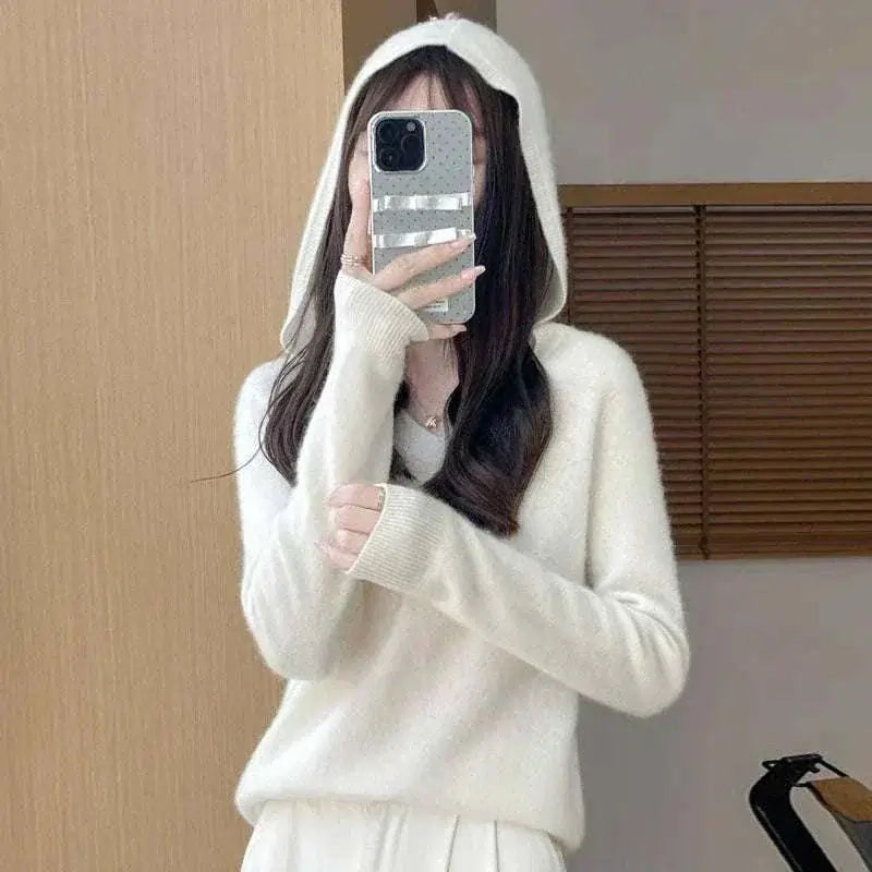 Women Autumn Winter Clothing Hooded Collar Pullover White