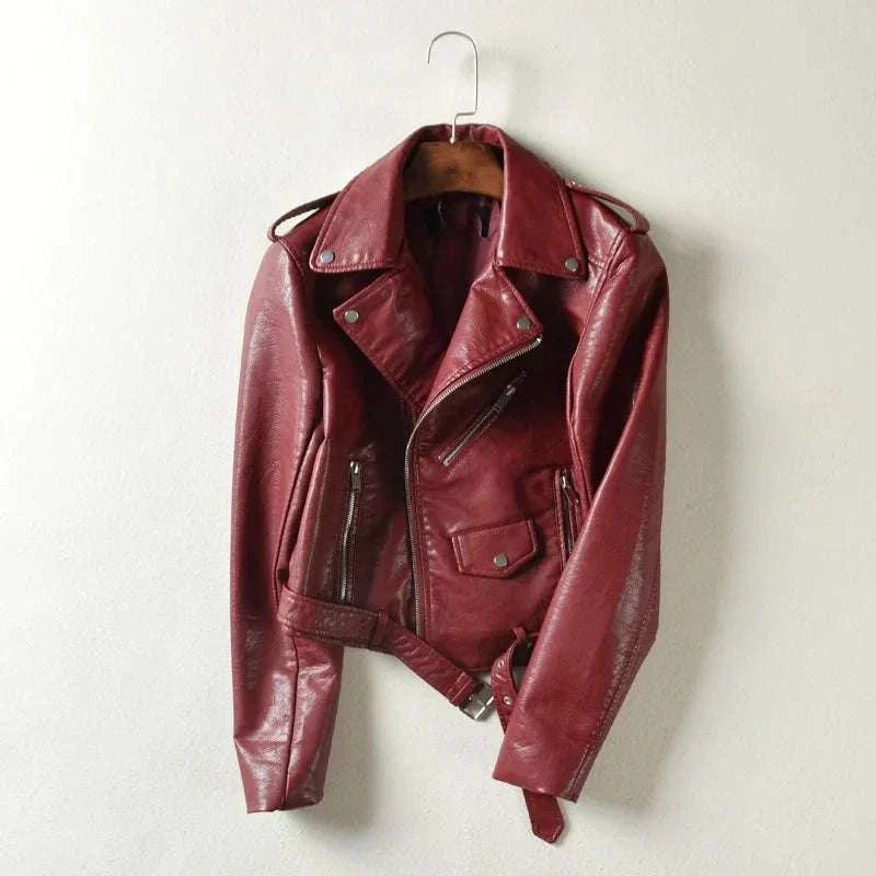Women Punk Burgundy Leather Blazer Zipper Motorycle Jacket