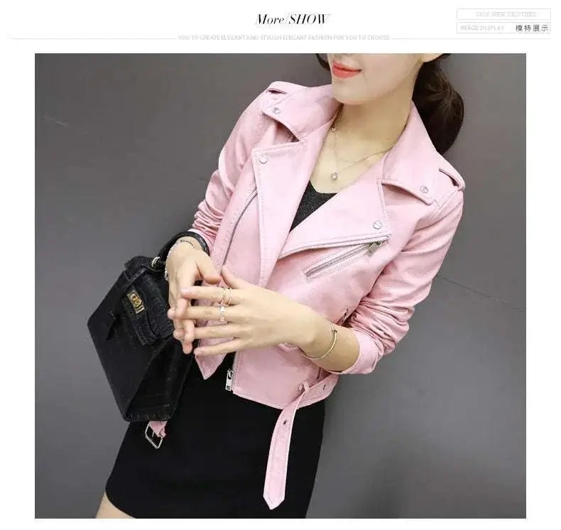 Women Punk Leather Blazer Zipper Motorycle Jacket Pink