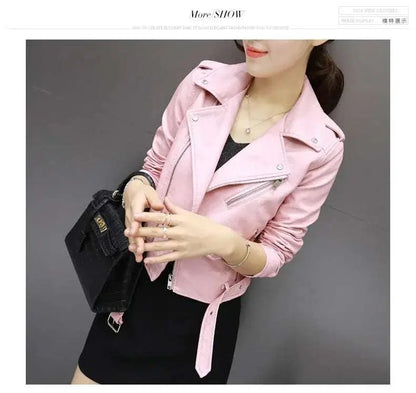 Women Punk Leather Blazer Zipper Motorycle Jacket Pink