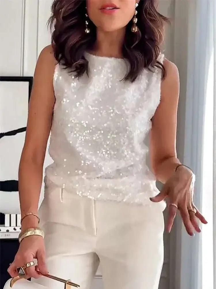 Women Sleeveless Sequined Nightclub Tanks White
