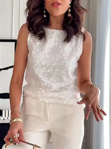 Women Sleeveless Sequined Nightclub Tanks White
