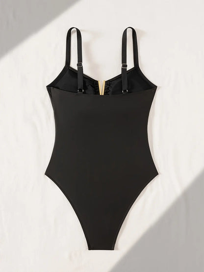  Women's Fashionable One-Piece Swimsuit with a Small V-Neck Black clothing front