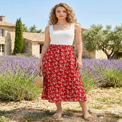 Women's Summer Skirts Vintage Floral Printed Red