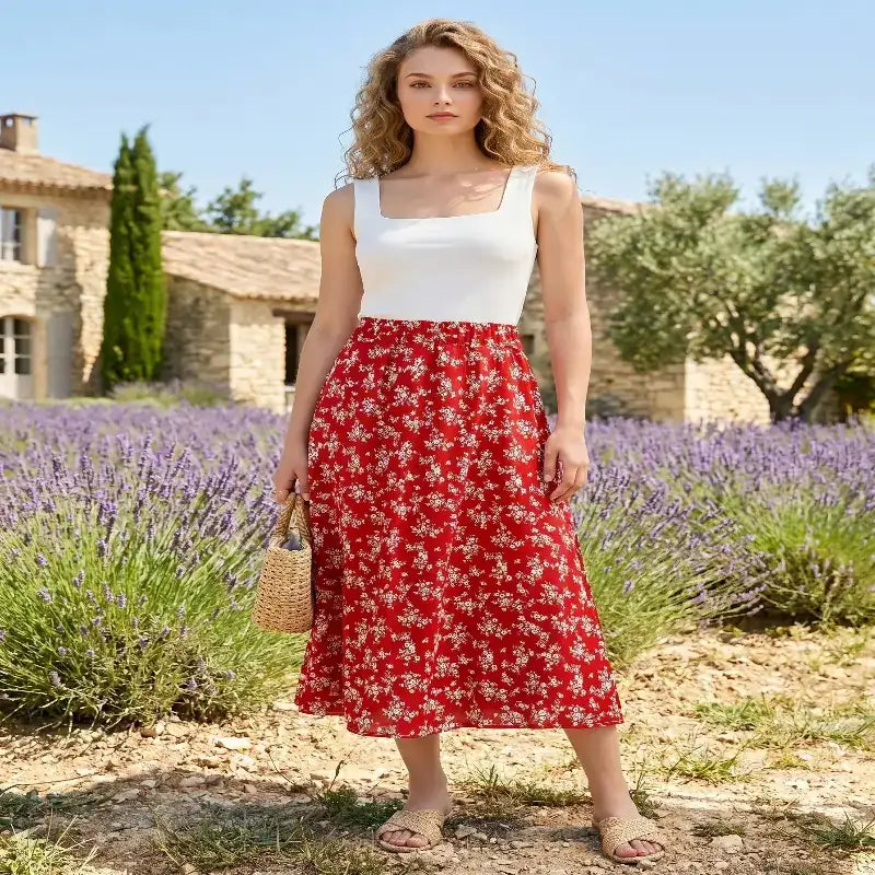 Women's Summer Skirts Vintage Floral Printed Red