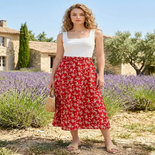 Women's Summer Skirts Vintage Floral Printed Red