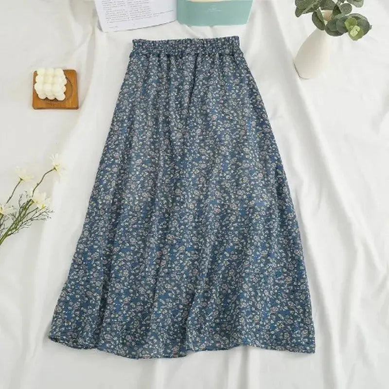Women's Summer Skirts Vintage Floral Printed Royal Blue