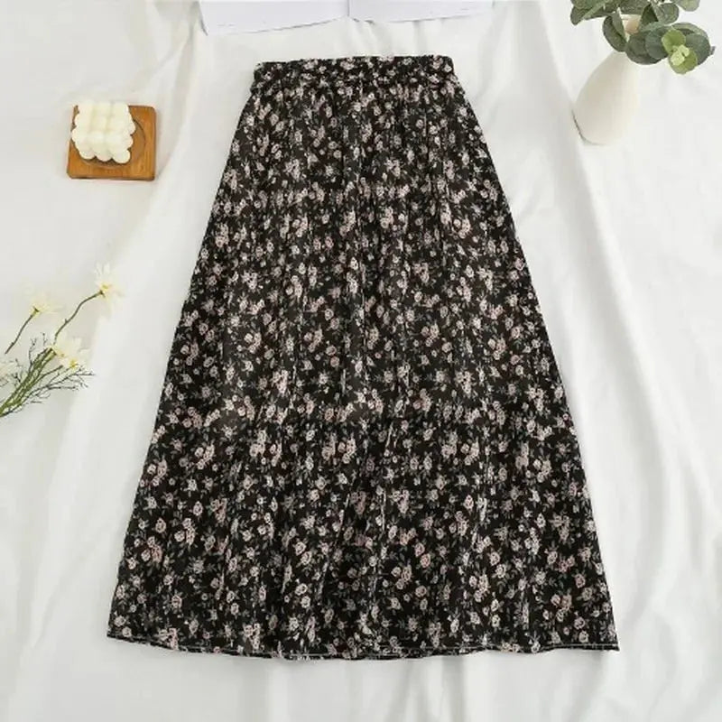 Women's Summer Skirts Vintage Floral Printed Black