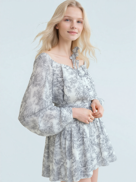 Informal Dresses | Women's Fashion Elegant Fashion Long-sleeved Lace-up High-waist Printed Dress