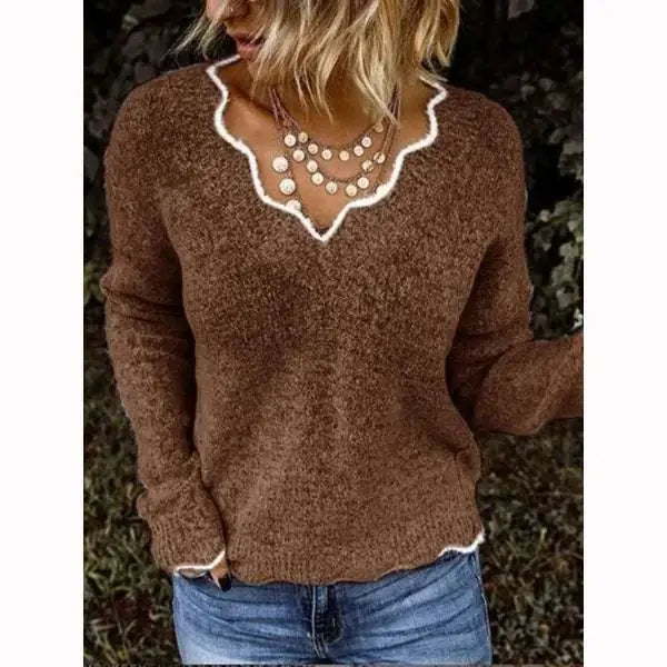 jumpers for women offers Women Knitted Sweaters New Wave V Neck Pullover Brown